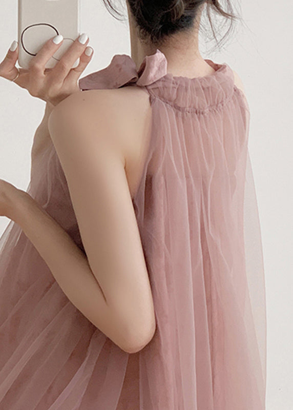 New Pink Halter Design Print Chiffon Dress Sleeveless 5
