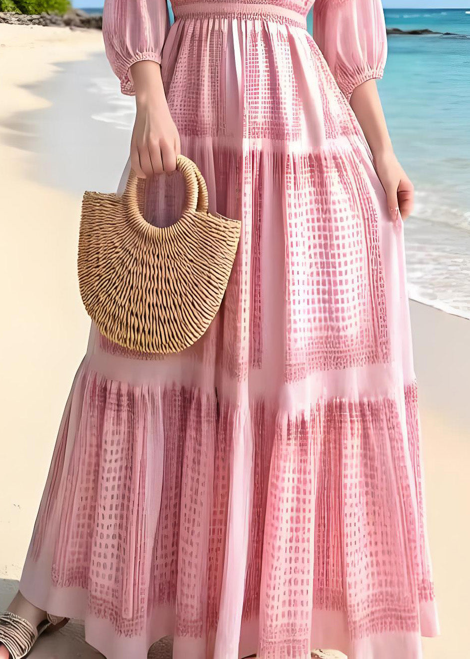 V-Neck Smocked Waist Geometric Print Tiered Maxi Summer Dress