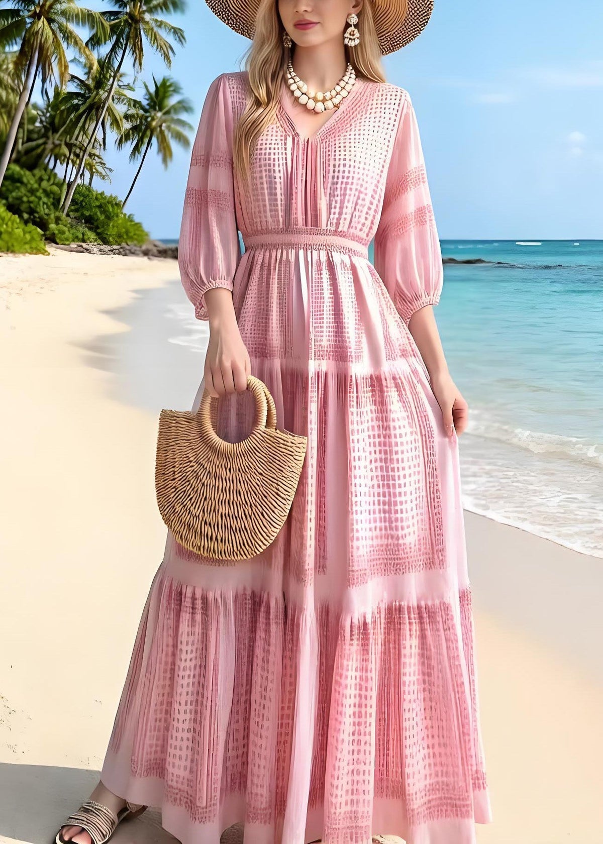 V-Neck Smocked Waist Geometric Print Tiered Maxi Summer Dress - View 5