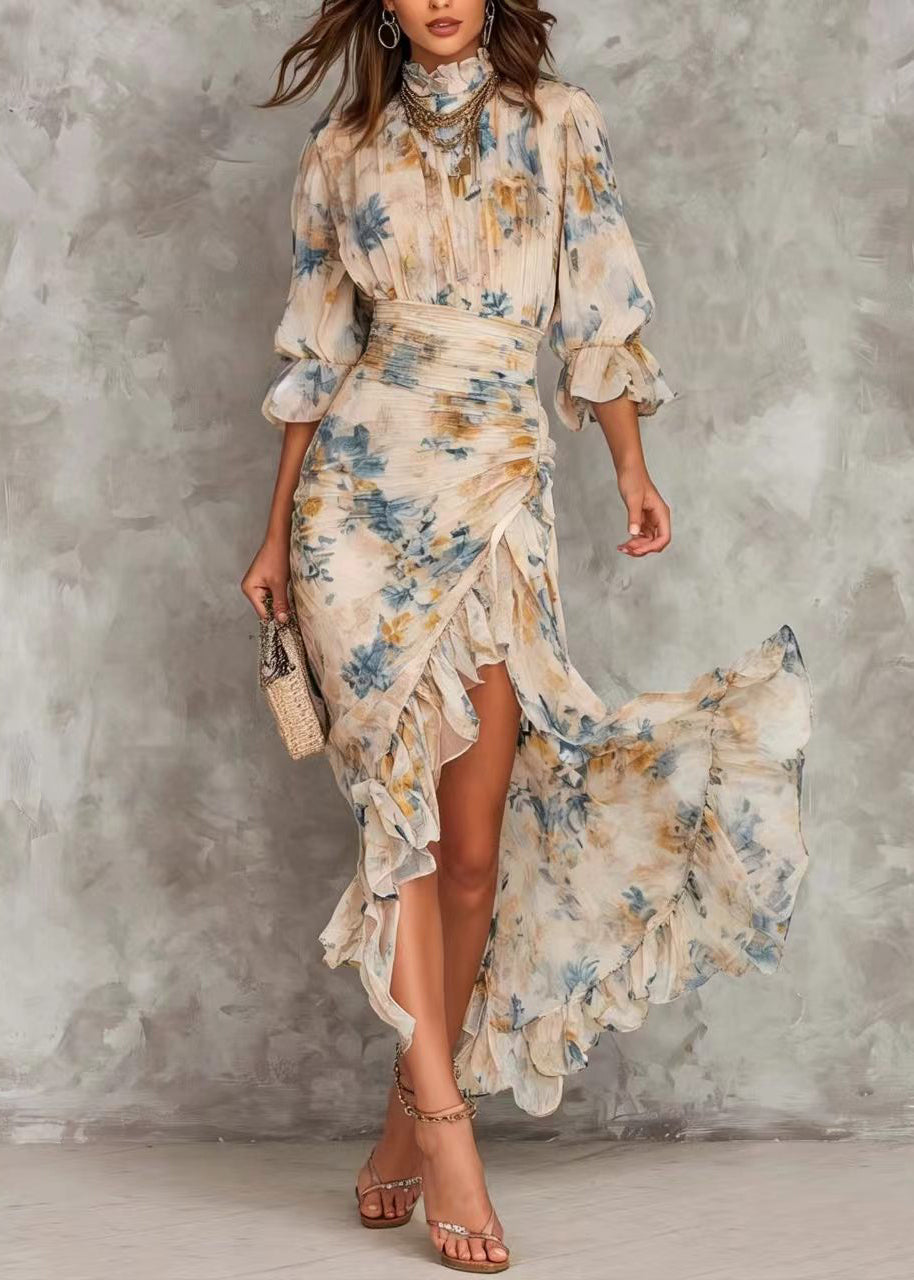 New Print Hign Neck Asymmetrical Design Ruffled Patchwork Chiffon Dress Summer