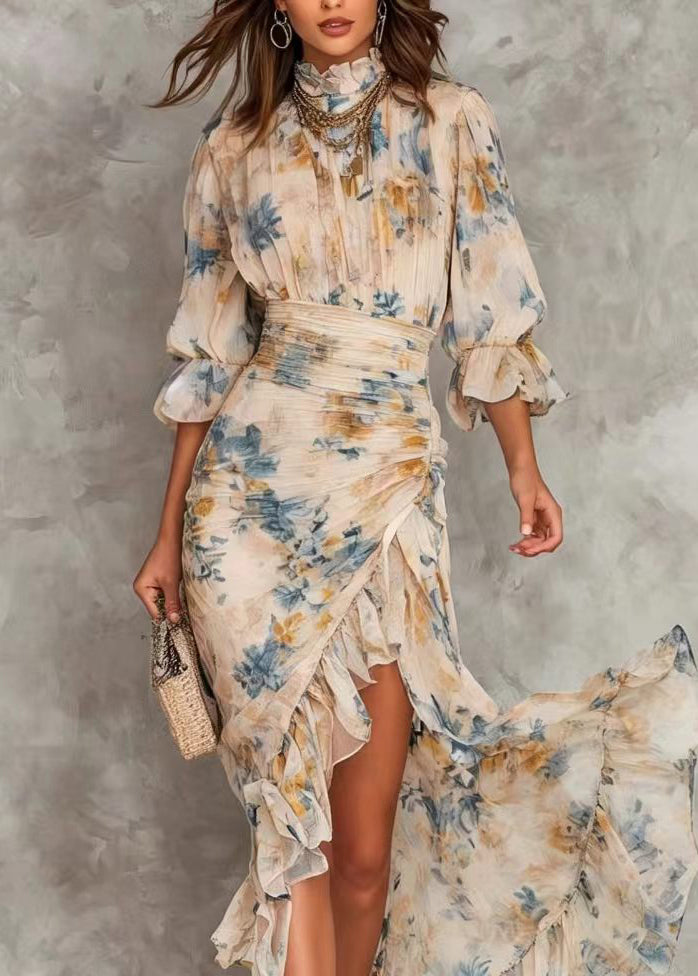 New Print Hign Neck Asymmetrical Design Ruffled Patchwork Chiffon Dress Summer 2