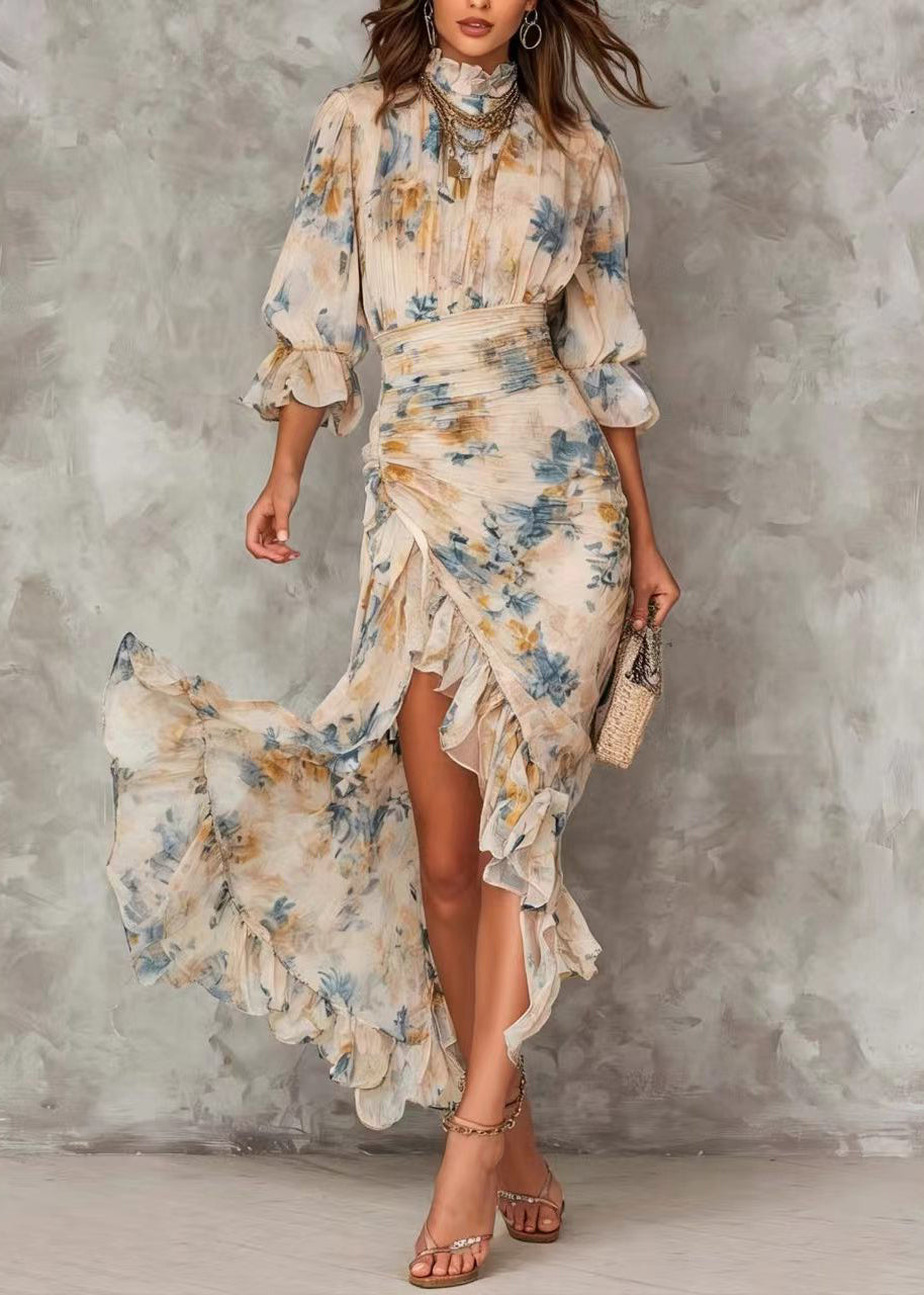 New Print Hign Neck Asymmetrical Design Ruffled Patchwork Chiffon Dress Summer 3