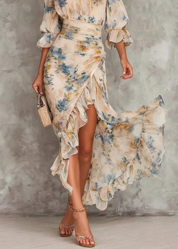 New Print Hign Neck Asymmetrical Design Ruffled Patchwork Chiffon Dress Summer 4