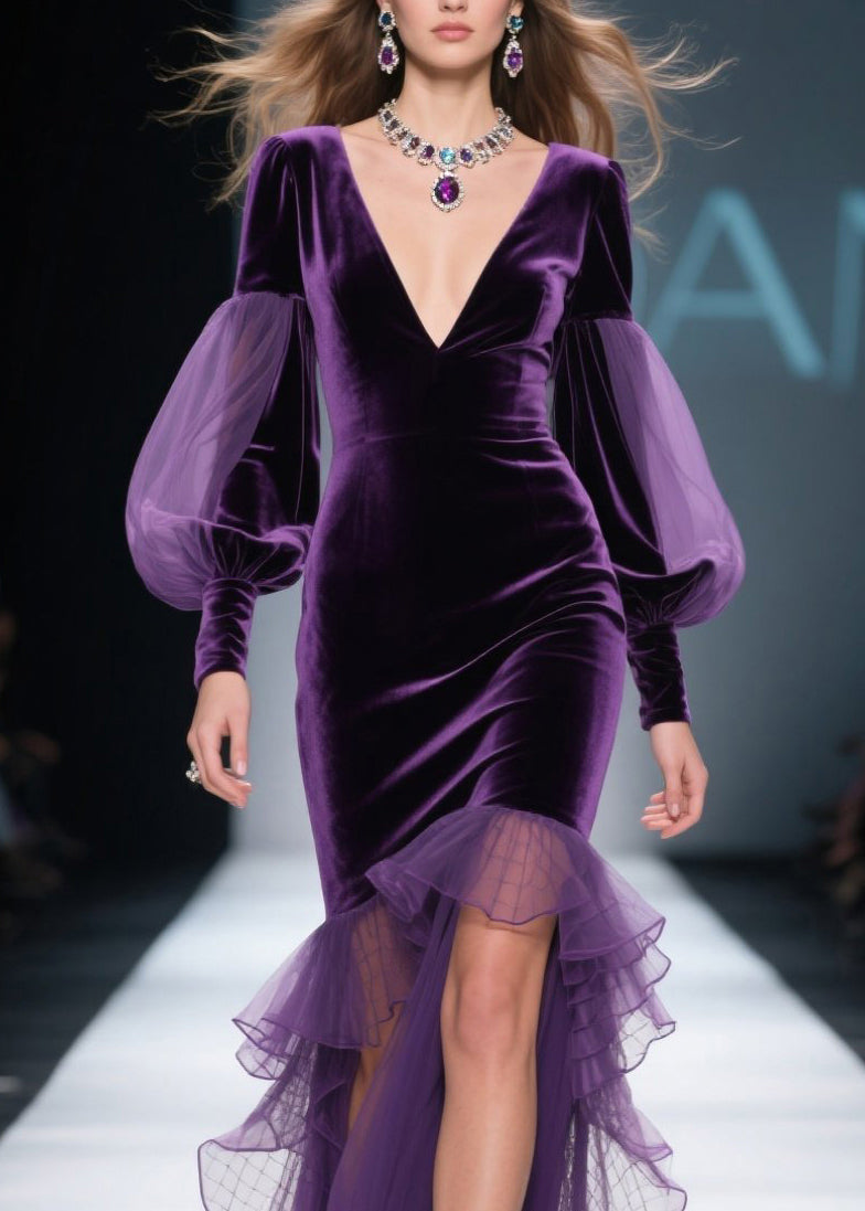 Deep V-Neck Sheer Lantern Sleeve Velvet Tulle Ruffle High Split Gown 2