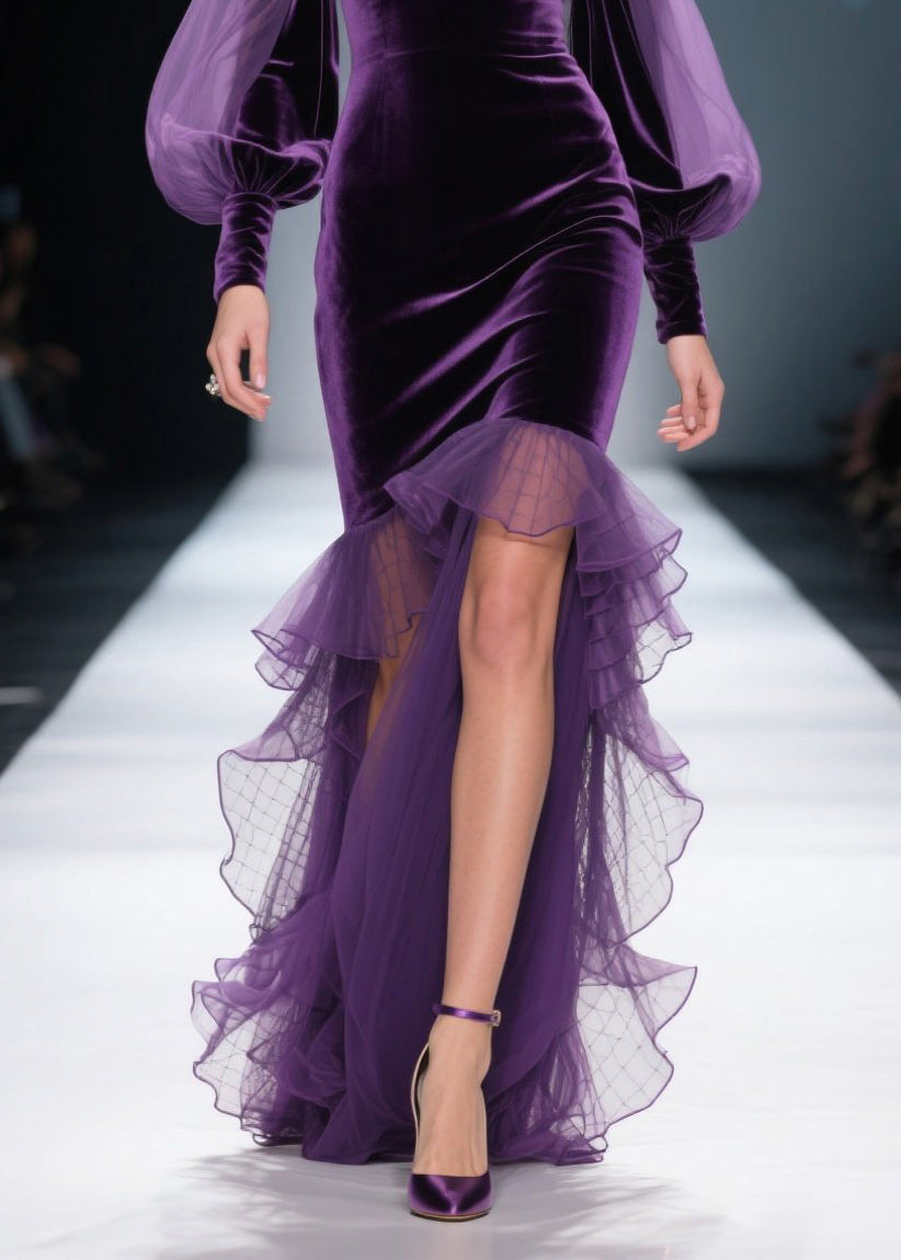 Deep V-Neck Sheer Lantern Sleeve Velvet Tulle Ruffle High Split Gown 4