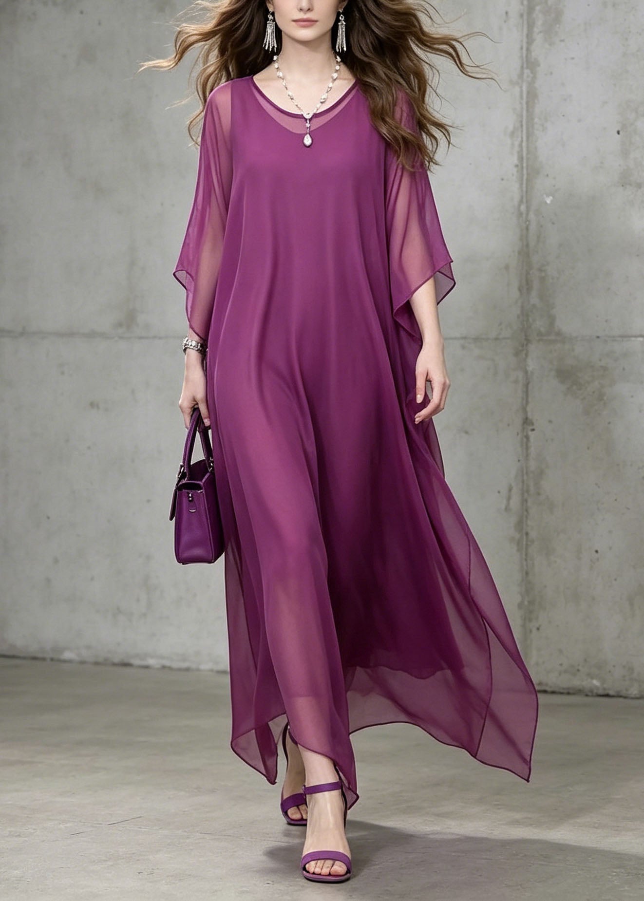 Chiffon Round Neck Batwing Sleeve Loose Flowy Kaftan Maxi Dress