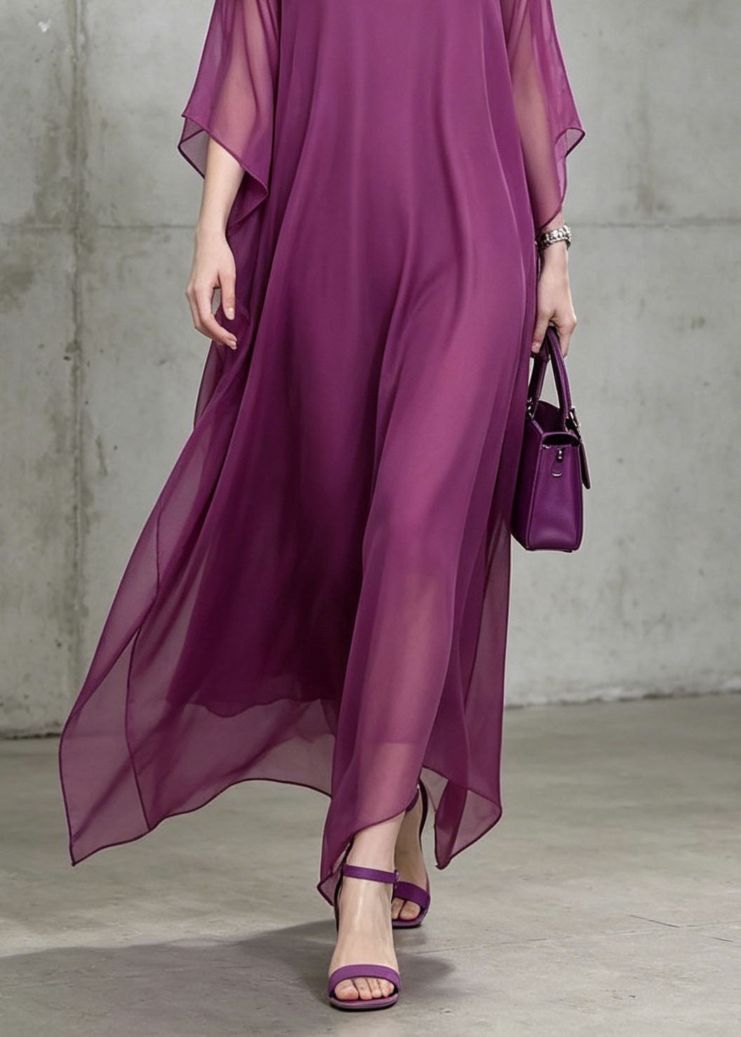 Chiffon Round Neck Batwing Sleeve Loose Flowy Kaftan Maxi Dress