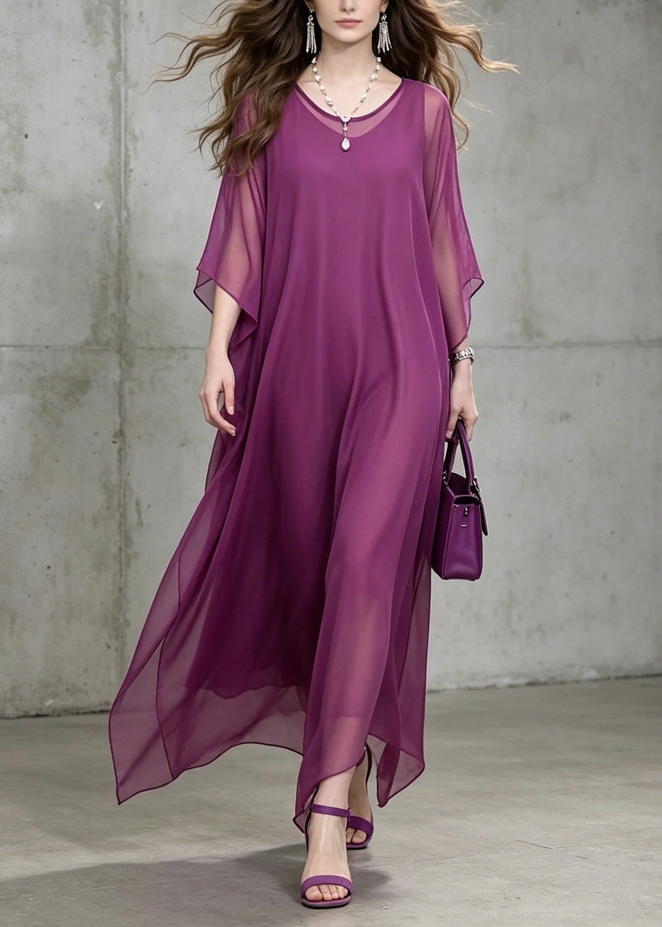 Chiffon Round Neck Batwing Sleeve Loose Flowy Kaftan Maxi Dress