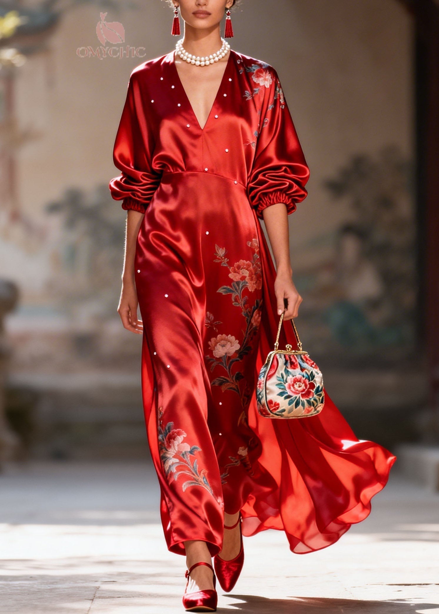 Satin Floral Embroidery Pearl Trim Deep V-Neck Puff Sleeve Maxi Gown