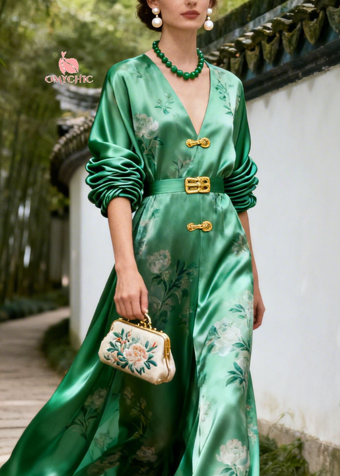 Floral Print Frog Button V-Neck Ruched Puff Sleeve Belted Satin Maxi Gown