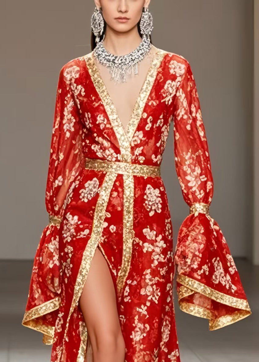 Floral Print Chiffon Deep V-Neck Bell Sleeve Metallic Trim High Split Maxi Gown