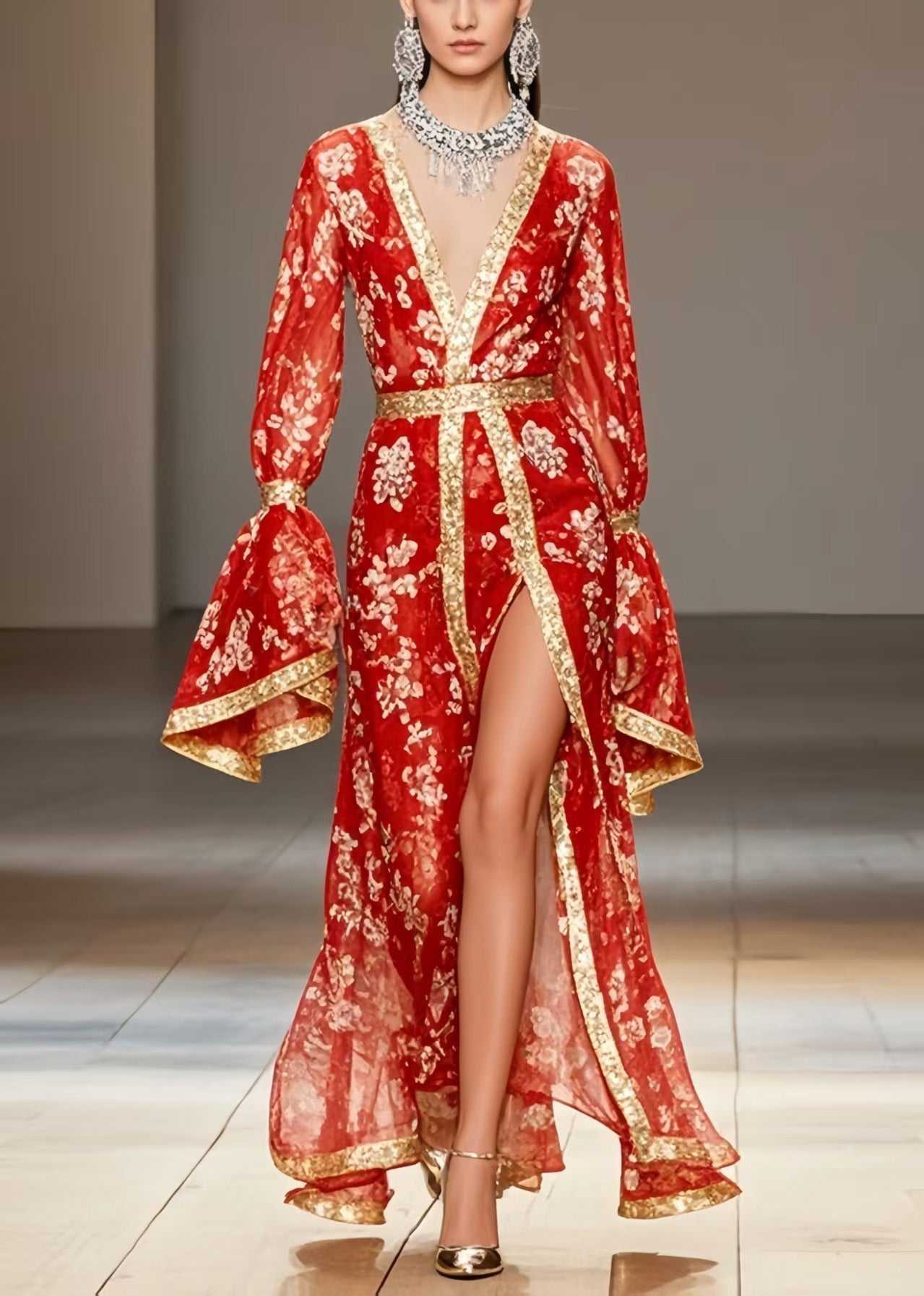 Floral Print Chiffon Deep V-Neck Bell Sleeve Metallic Trim High Split Maxi Gown