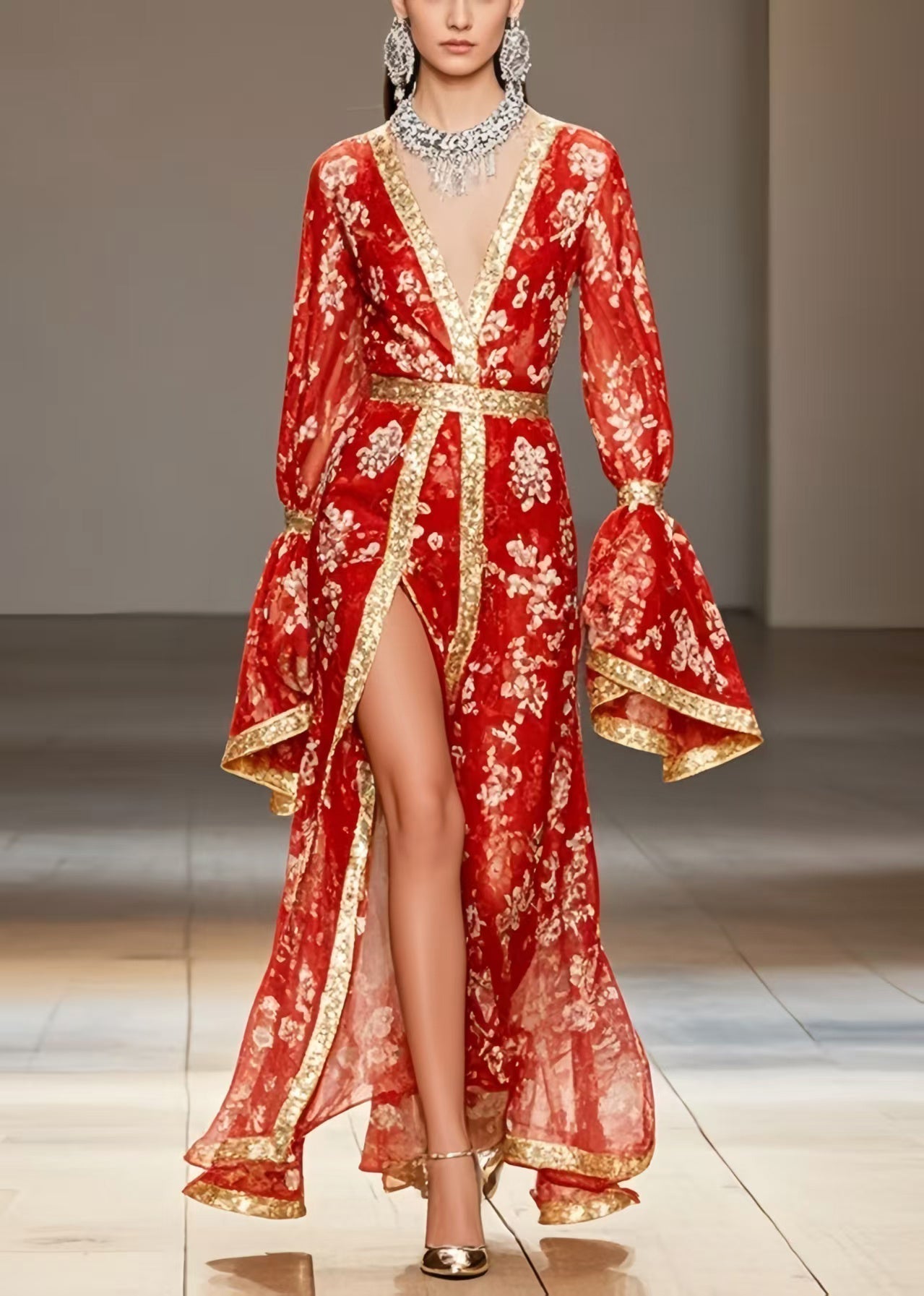 Floral Print Chiffon Deep V-Neck Bell Sleeve Metallic Trim High Split Maxi Gown