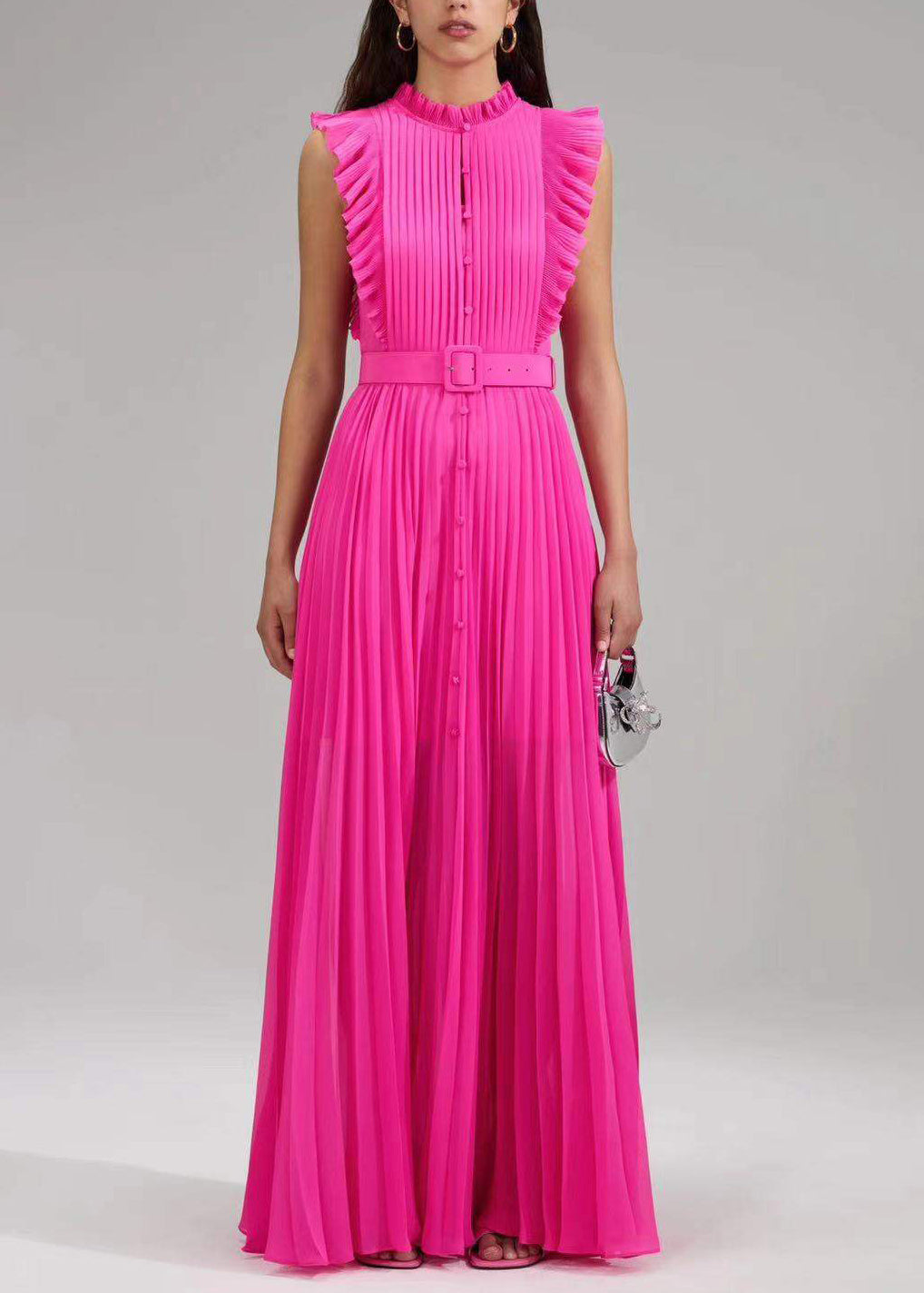 Ruffle Trim Sleeveless Button Front Belted Pleated Chiffon Maxi Dress