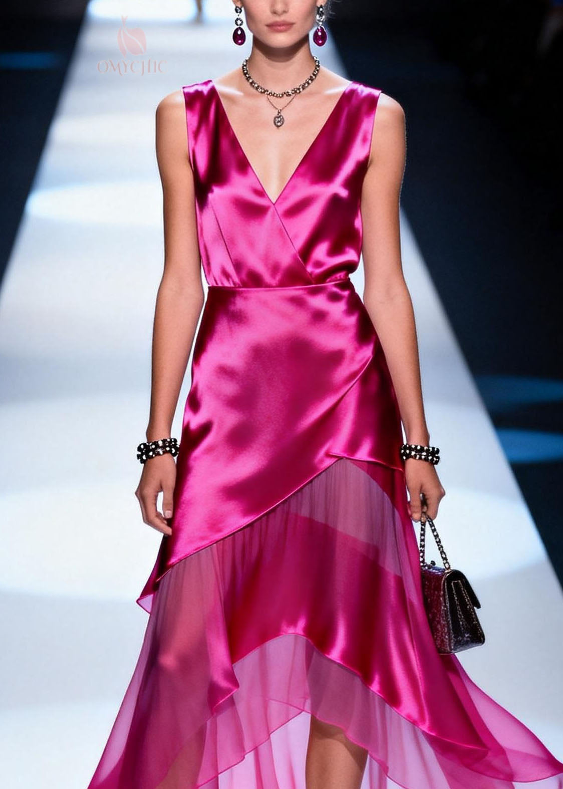 Satin Deep V-Neck Sleeveless Wrap Asymmetrical Tiered Ruffle Chiffon High Low Midi Dress