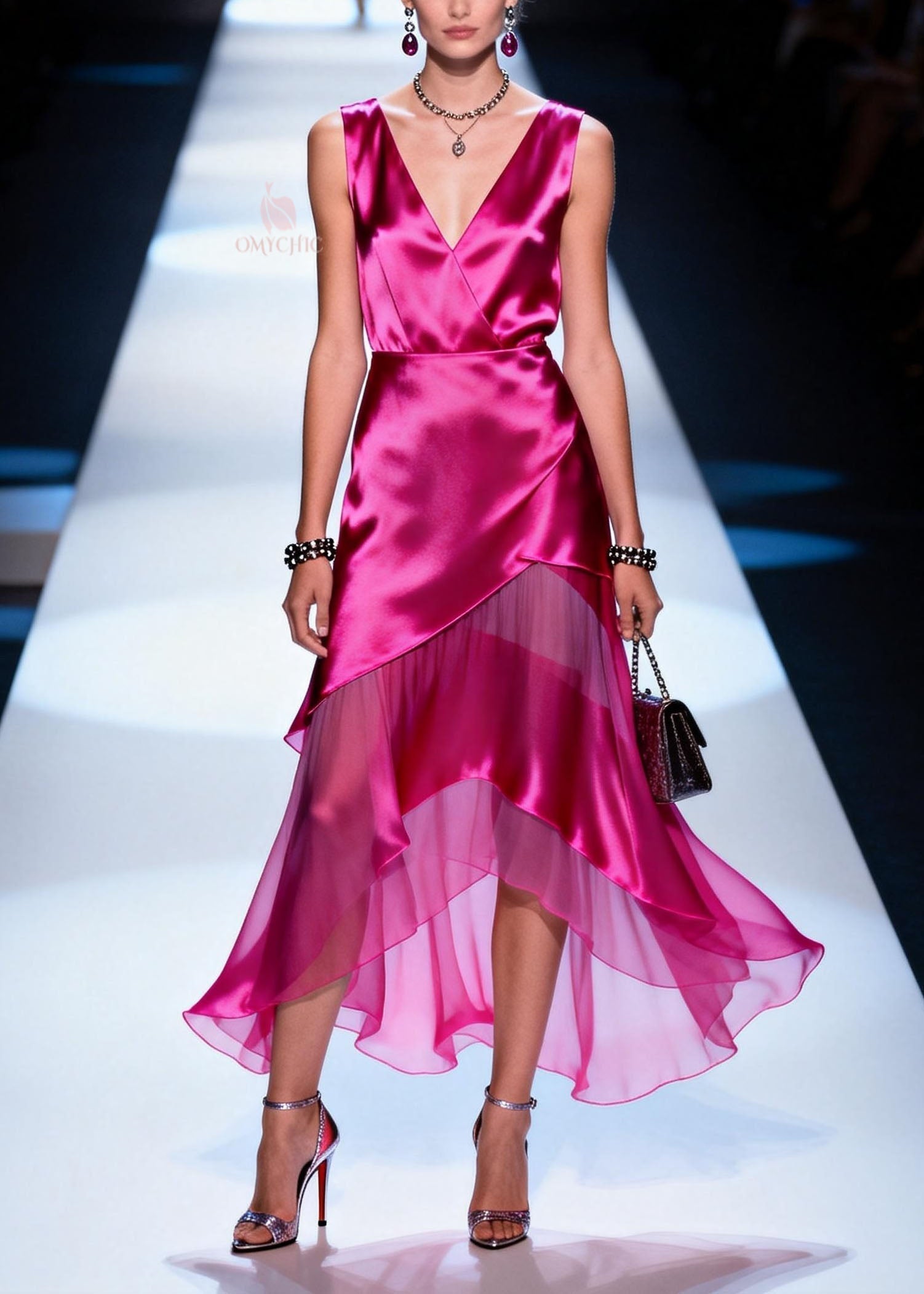 Satin Deep V-Neck Sleeveless Wrap Asymmetrical Tiered Ruffle Chiffon High Low Midi Dress