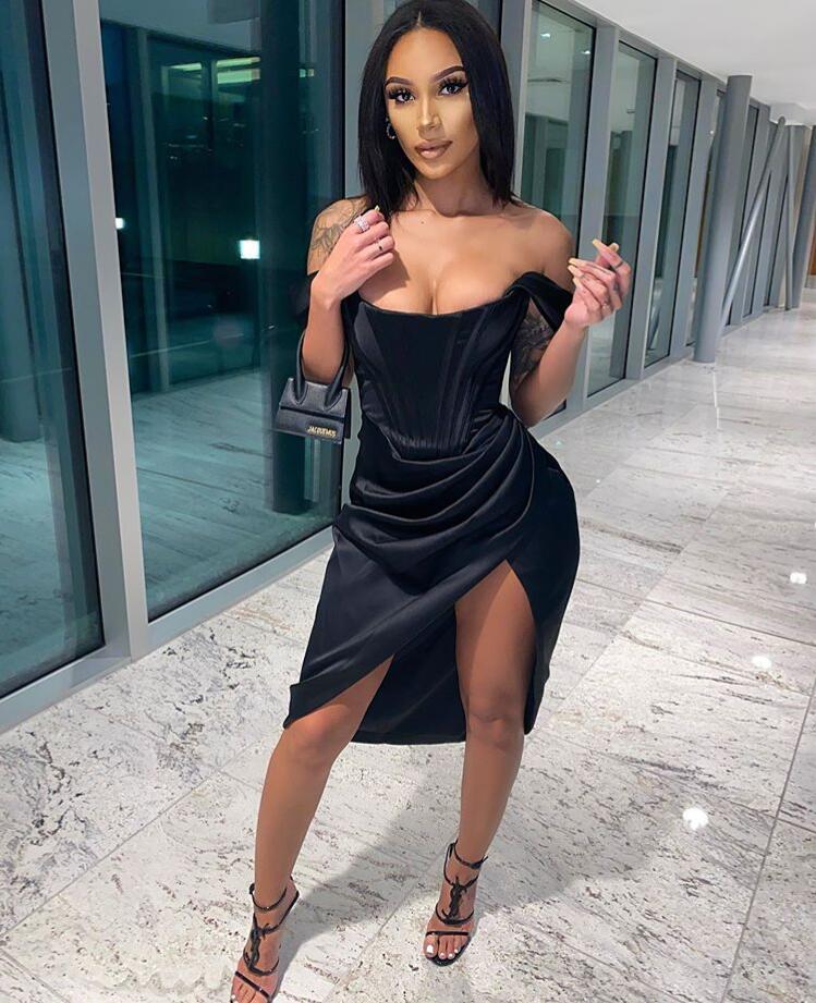 Satin Off Shoulder Sweetheart Corset High Split Bodycon Mini Dress