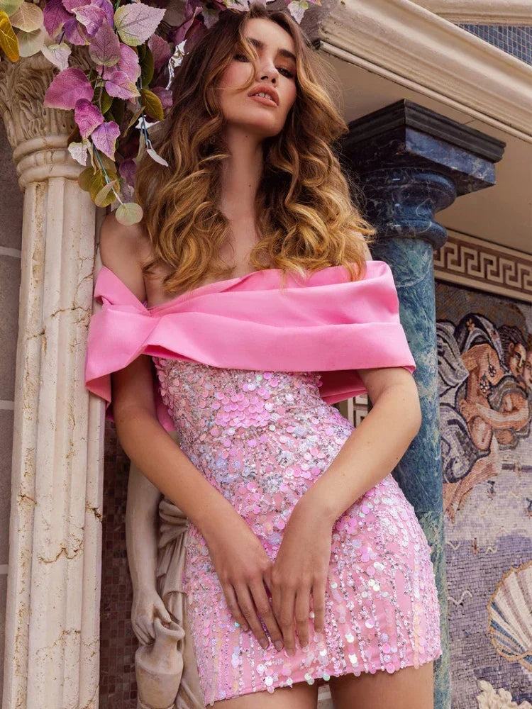 Off-the-Shoulder Sequin Mini Dress