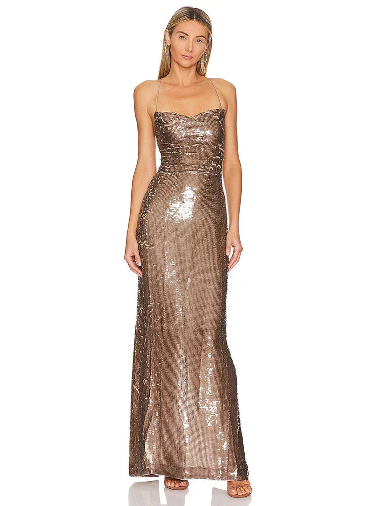 Sequin Square Neck Spaghetti Strap Cross Back Maxi Dress 8