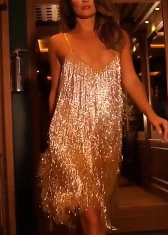Metallic Tassel Fringe Spaghetti Strap Deep V-Neck Tiered Mini Dress
