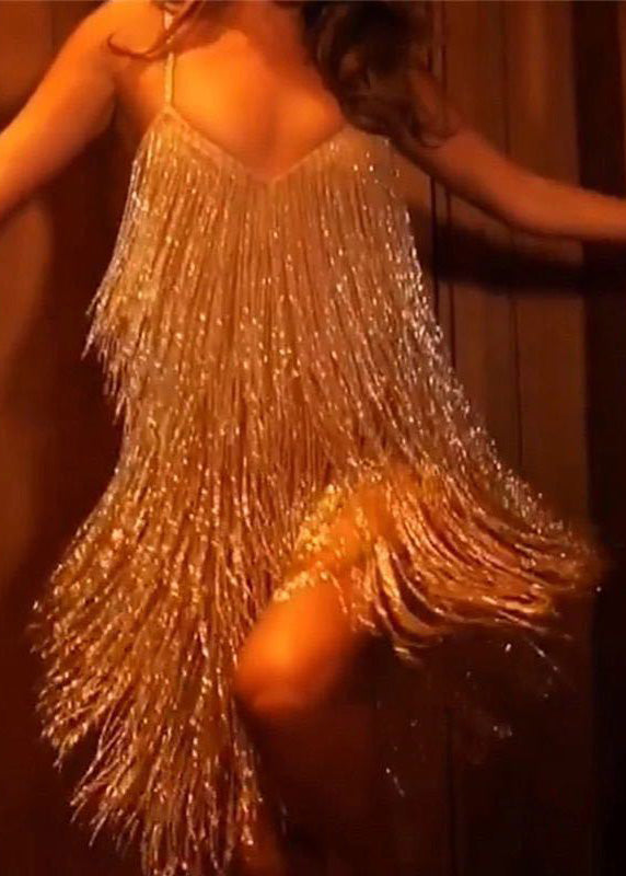 Metallic Tassel Fringe Spaghetti Strap Deep V-Neck Tiered Mini Dress