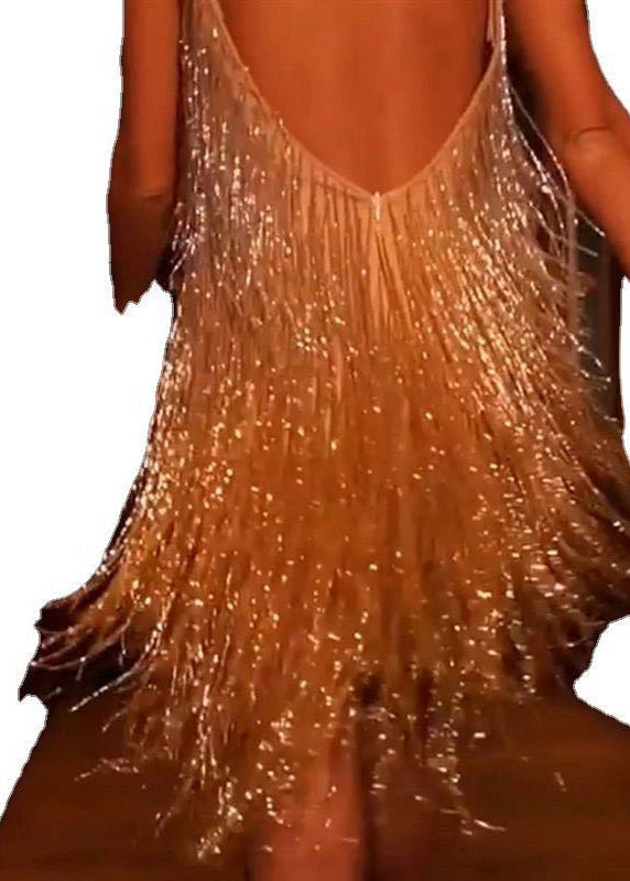 Metallic Tassel Fringe Spaghetti Strap Deep V-Neck Tiered Mini Dress
