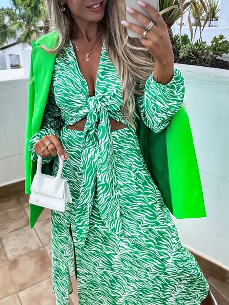 Animal Print Deep V-Neck Tie Front Cut Out Long Sleeve Split Midi Dress 8