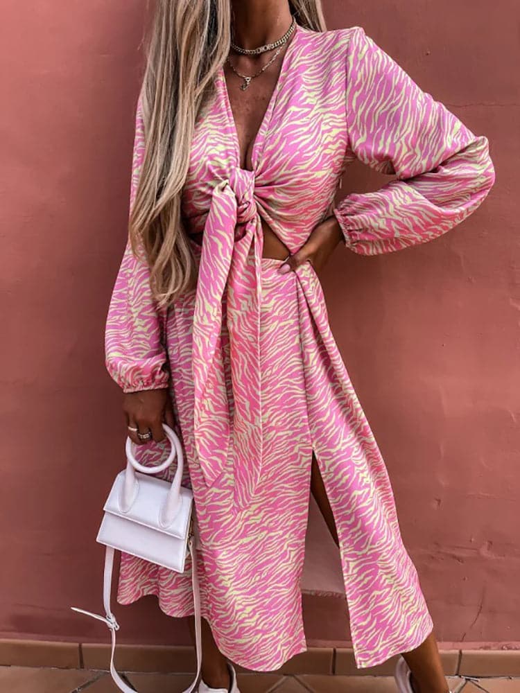 Animal Print Deep V-Neck Tie Front Cut Out Long Sleeve Split Midi Dress 4