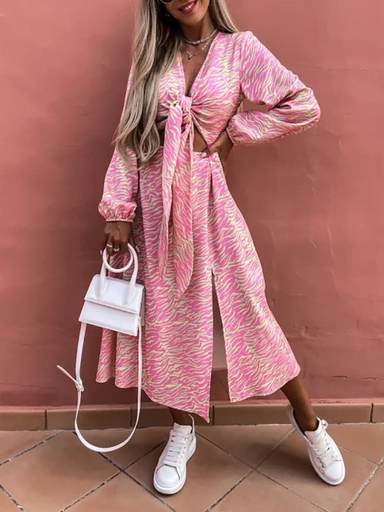 Animal Print Deep V-Neck Tie Front Cut Out Long Sleeve Split Midi Dress 6