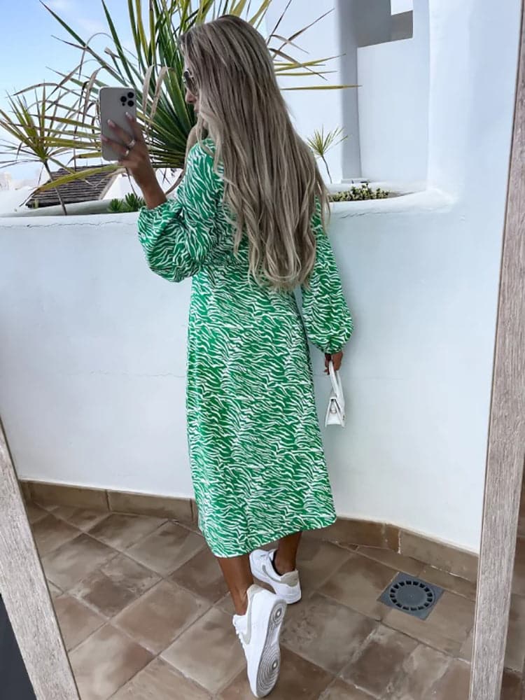 Animal Print Deep V-Neck Tie Front Cut Out Long Sleeve Split Midi Dress 3