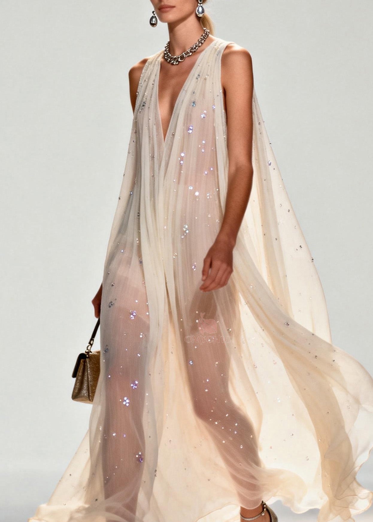 New Style V Neck Zircon Chiffon Maxi Dress Sleeveless 2