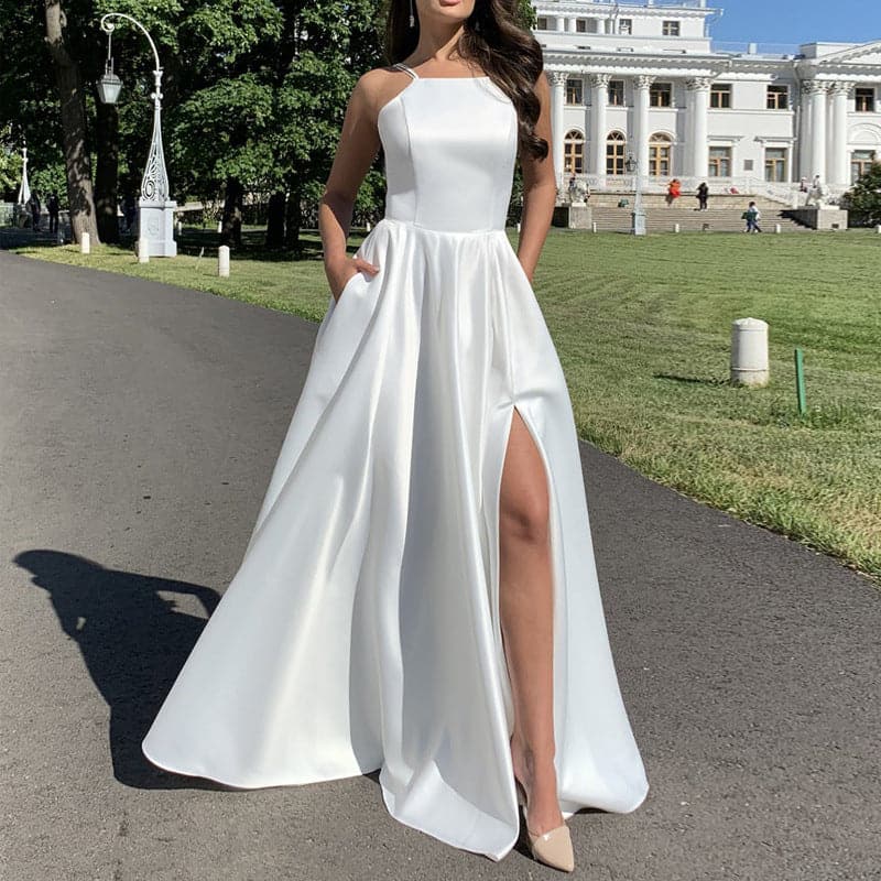 Satin Square Neck High Split A-Line Maxi Dress - View 6
