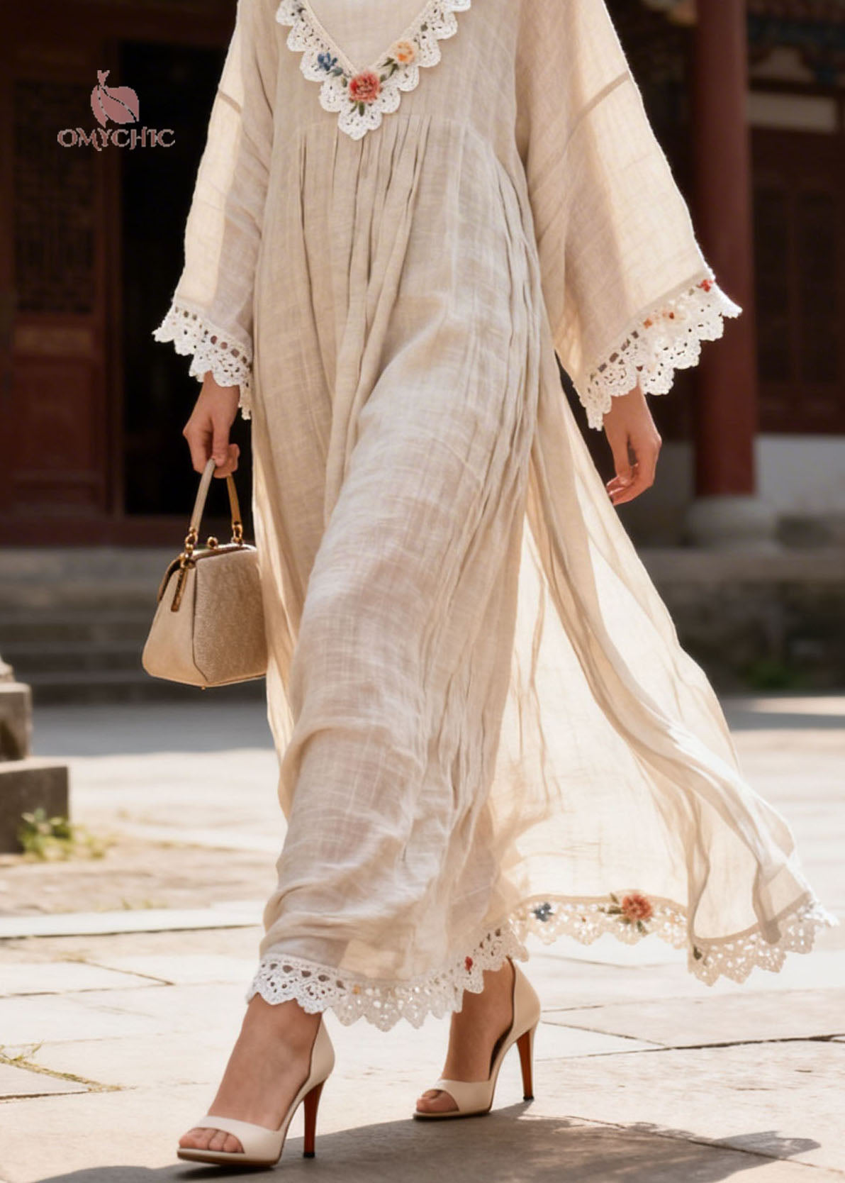 Woven Lace Trim Floral Embroidery Bell Sleeve Empire Waist Maxi Dress