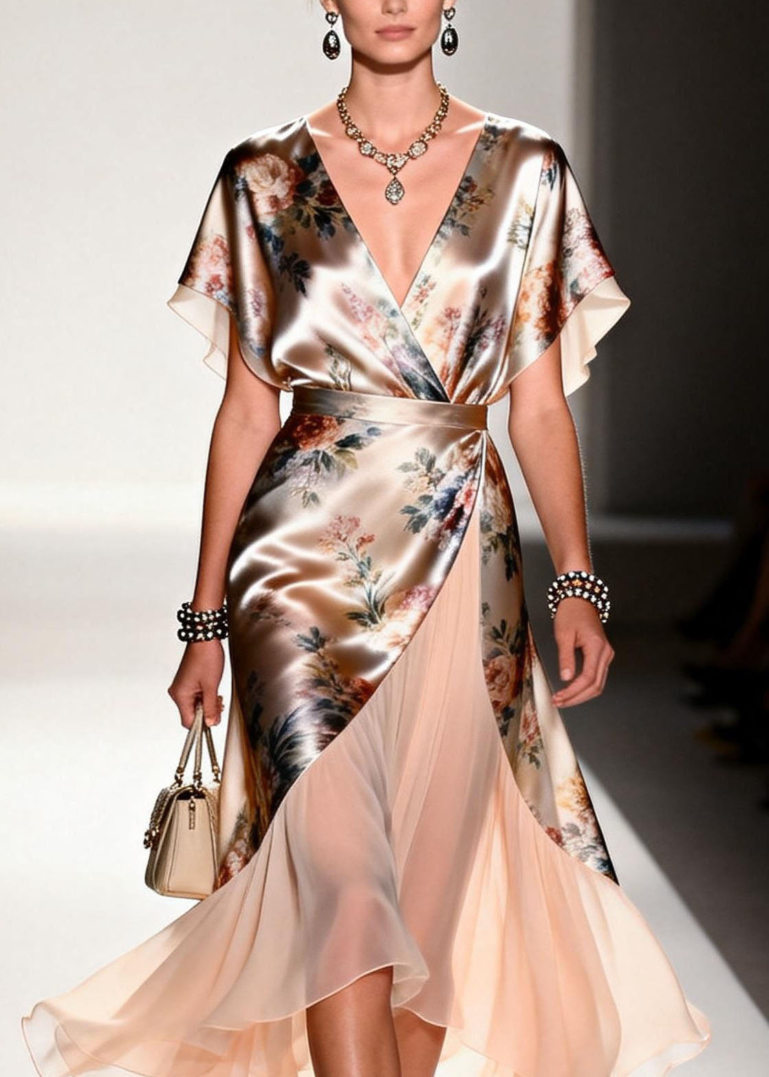 Floral Print Deep V-Neck Butterfly Sleeve Wrap Ruffle Hem Midi Dress