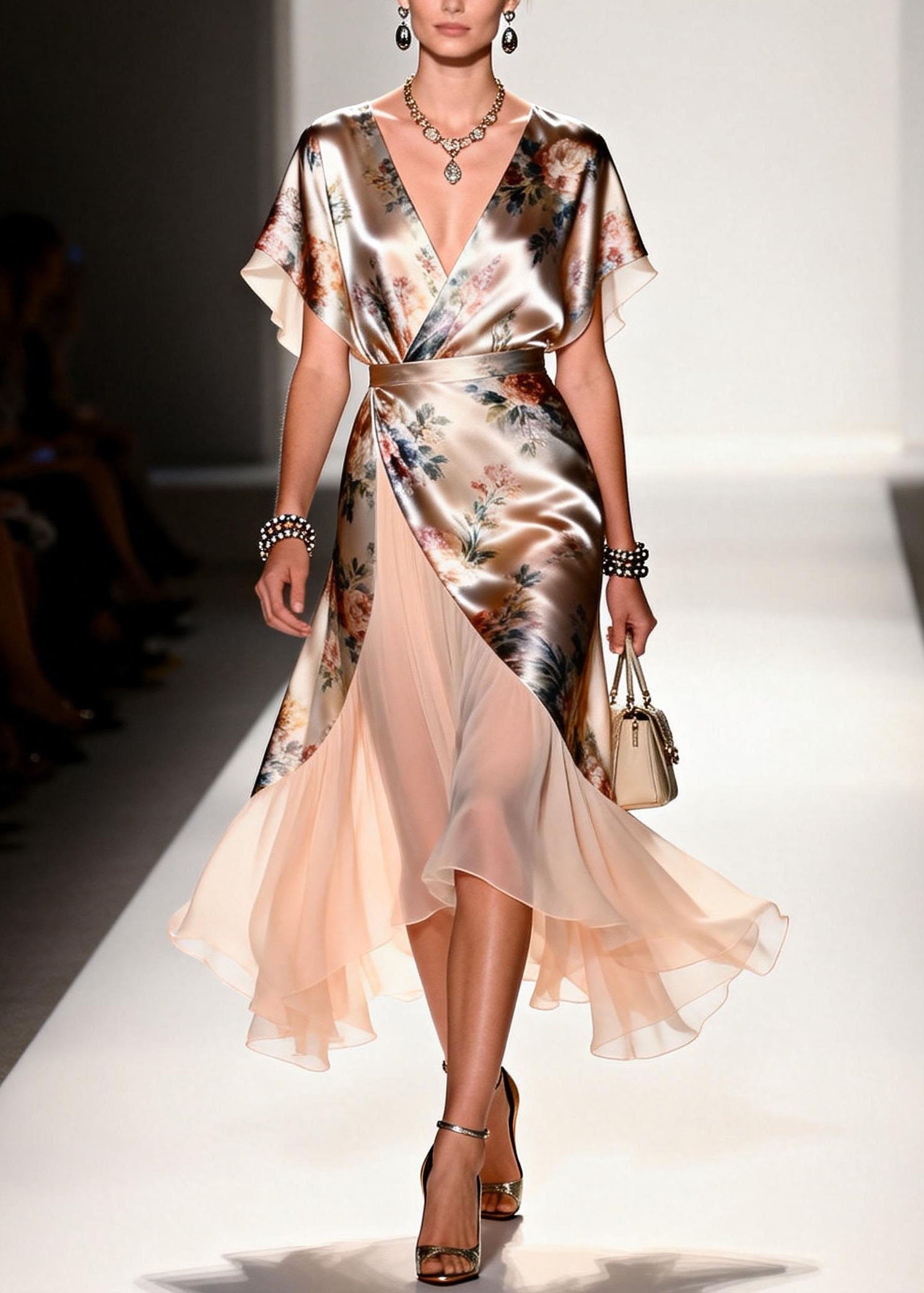 Floral Print Deep V-Neck Butterfly Sleeve Wrap Ruffle Hem Midi Dress