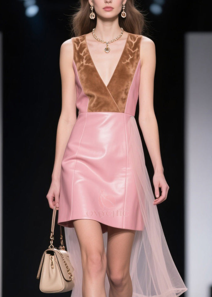 V-Neck Sleeveless Faux Leather Velvet Trim Tulle Train Mini Dress