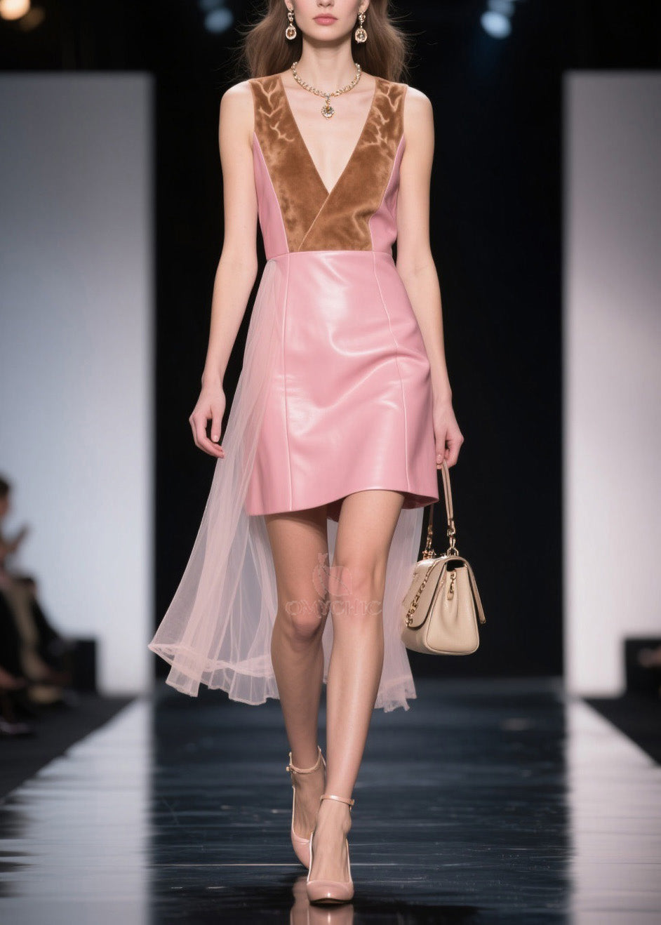 V-Neck Sleeveless Faux Leather Velvet Trim Tulle Train Mini Dress