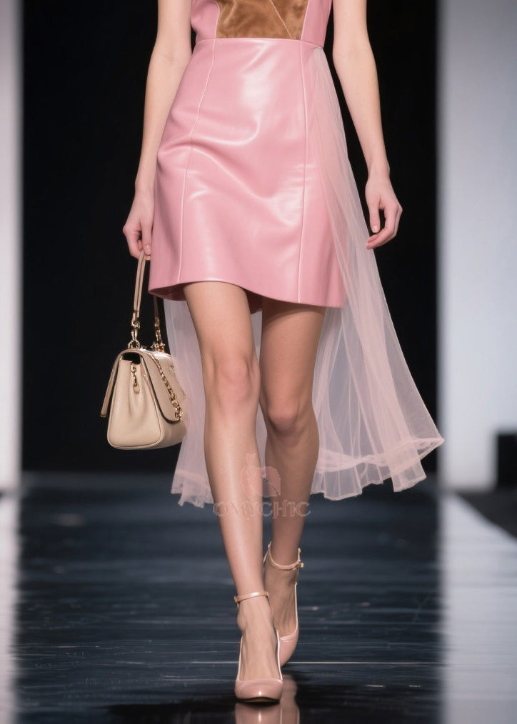 V-Neck Sleeveless Faux Leather Velvet Trim Tulle Train Mini Dress