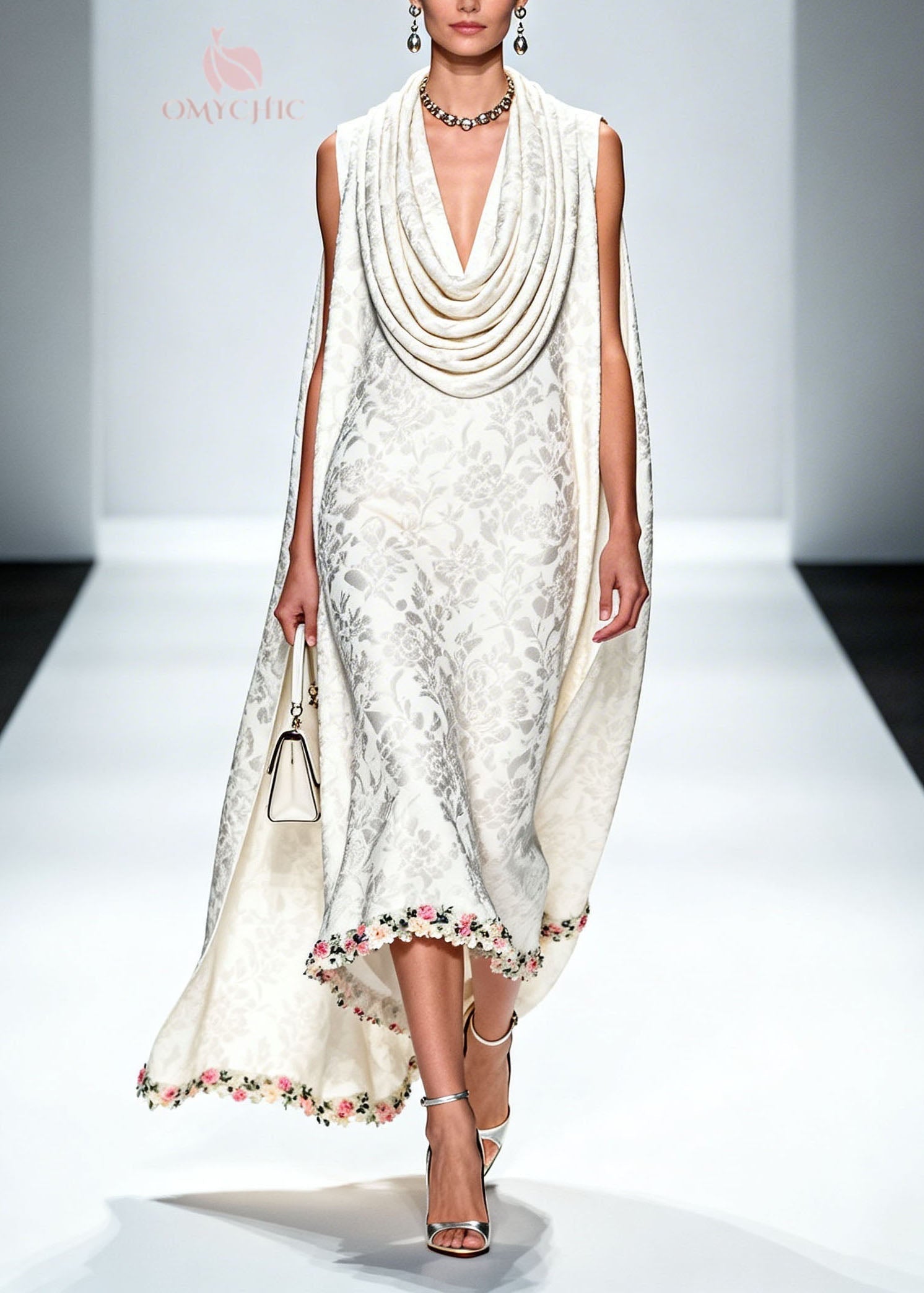 Jacquard Cowl Collar Cape Sleeveless Floral Applique Hem Midi Dress
