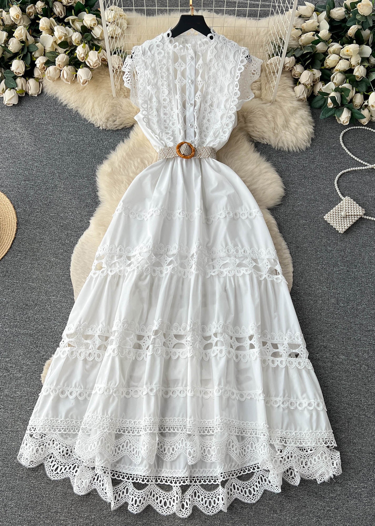 Eyelet Lace Ruffle Mandarin Collar Sleeveless Button Front Tiered Maxi Dress