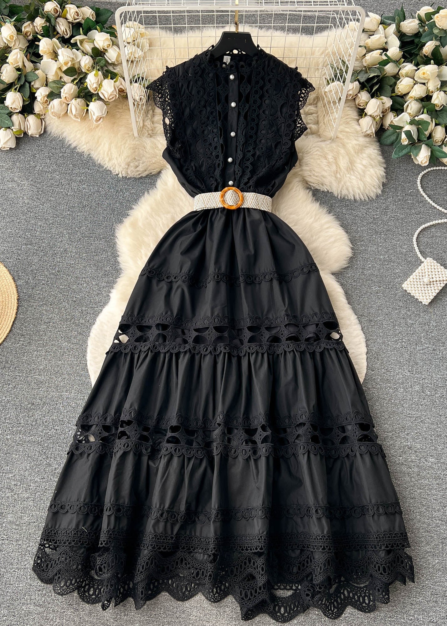 Eyelet Lace Ruffle Mandarin Collar Sleeveless Button Front Tiered Maxi Dress