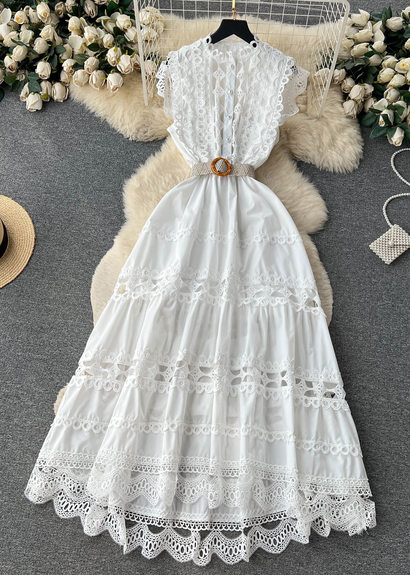Eyelet Lace Ruffle Mandarin Collar Sleeveless Button Front Tiered Maxi Dress