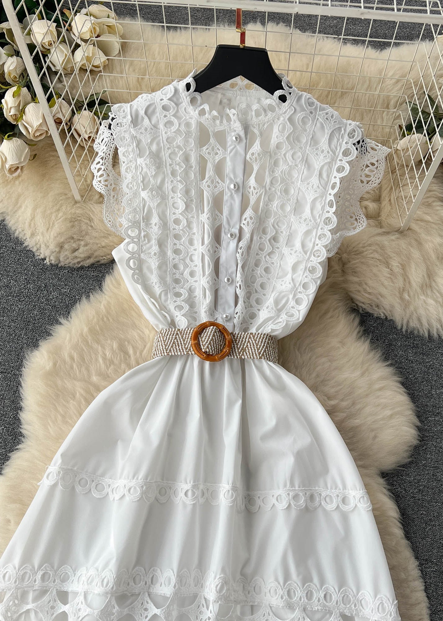 Eyelet Lace Ruffle Mandarin Collar Sleeveless Button Front Tiered Maxi Dress
