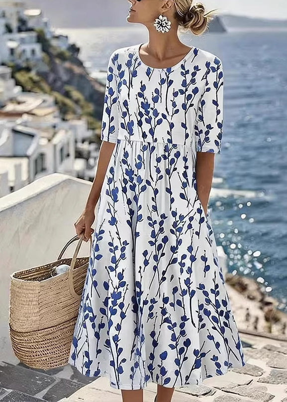 New White O Neck Print Pockets Chiffon Maxi Dress Summer