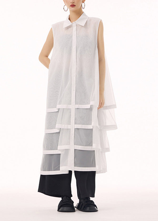 New White Peter Pan Collar Tulle Patchwork Cotton Maxi Dresses Sleeveless