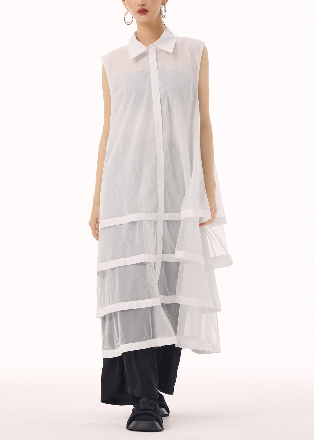 New White Peter Pan Collar Tulle Patchwork Cotton Maxi Dresses Sleeveless 3
