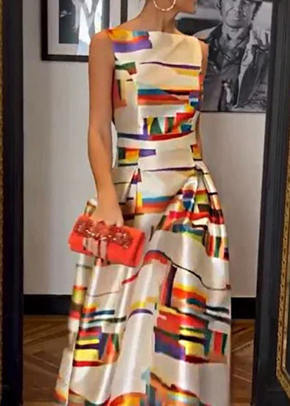 Satin Abstract Brushstroke Print Boat Neck Pleated Maxi Gown