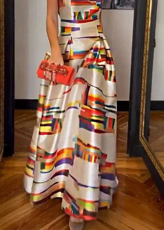 Satin Abstract Brushstroke Print Boat Neck Pleated Maxi Gown