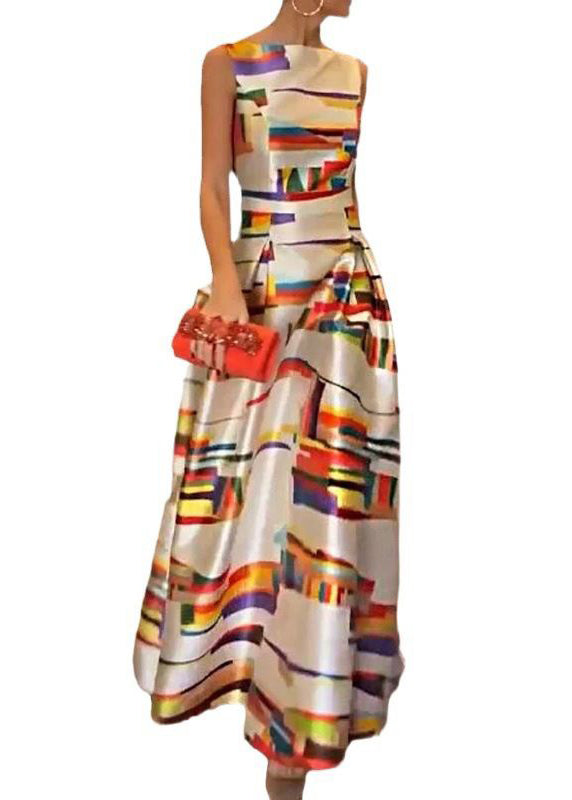 Satin Abstract Brushstroke Print Boat Neck Pleated Maxi Gown
