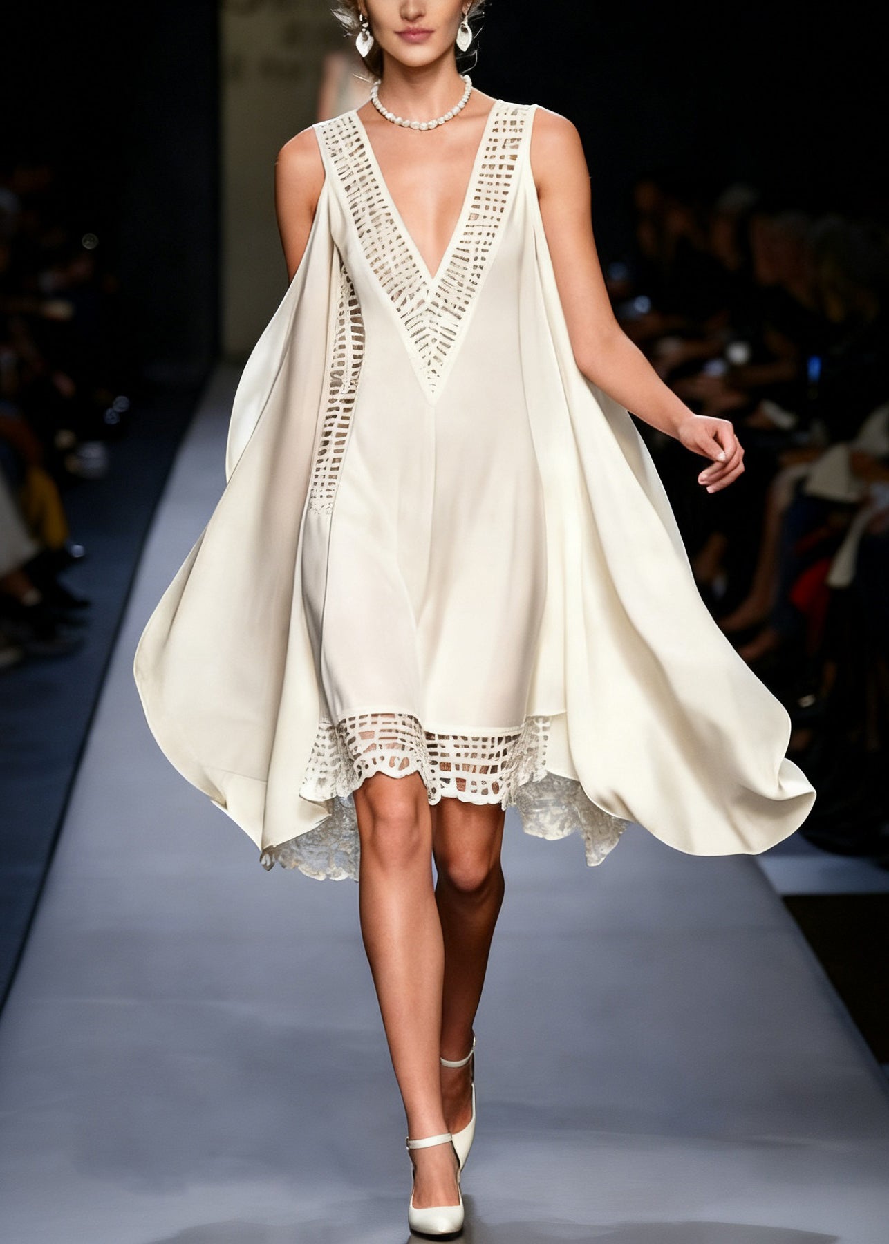 Deep V-Neck Sleeveless Lace Panel Chiffon Mini Dress